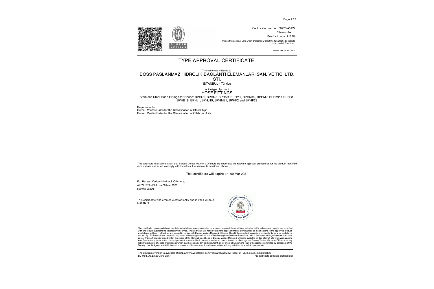 Bureau Veritas 80920/A0 BV hose fittings type approval — full certificate cover preview