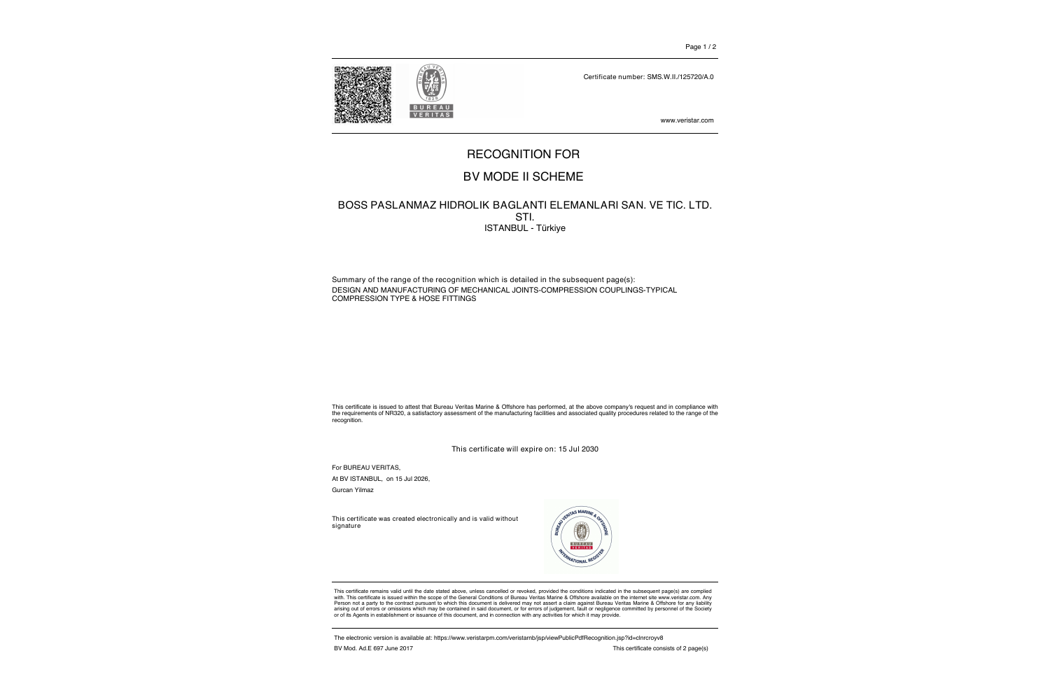 Our Bureau Veritas Mode II recognition certificate is available — full certificate cover preview