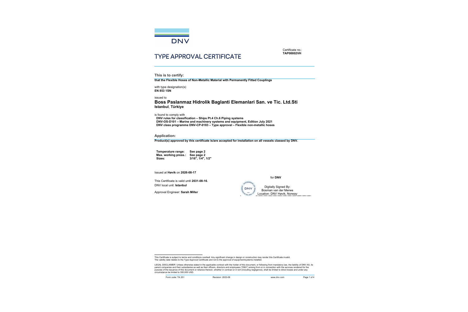 DNV TAP00002VH approval for EN 853 1SN hose assemblies — full certificate cover preview