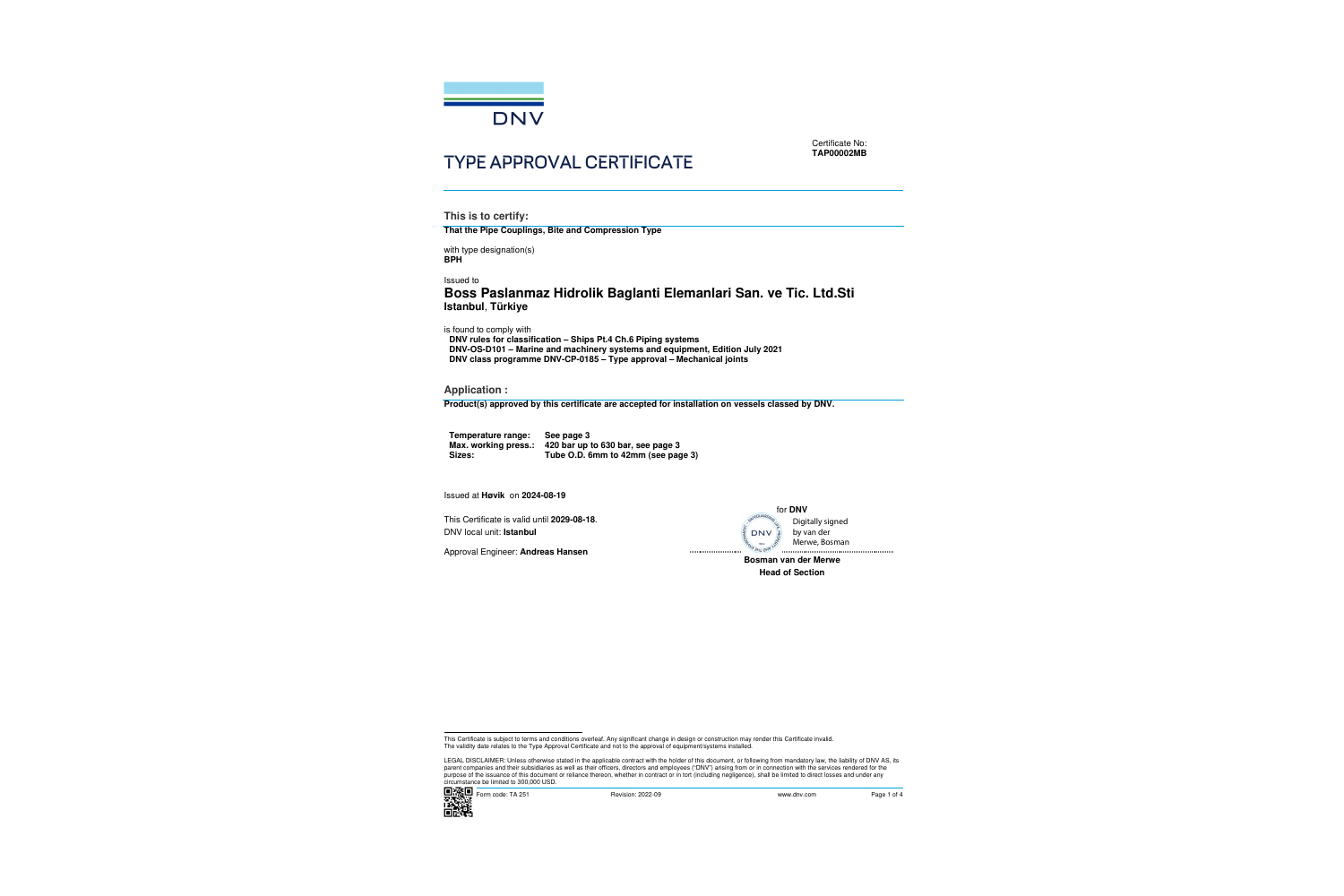 DNV TAP00002MB pipe couplings type approval certificate — full certificate cover preview