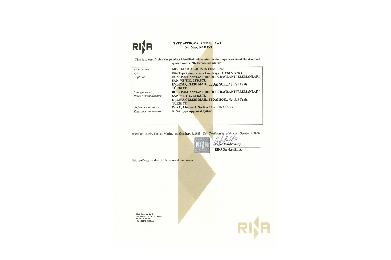RINA MAC163525XT pipe couplings type approval certificate — full certificate cover preview
